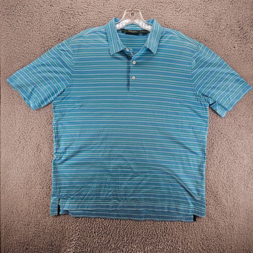 Bobby Jones Mens Large Blue Striped Short Sleeve 100% Cotton Golf Polo Shirt
